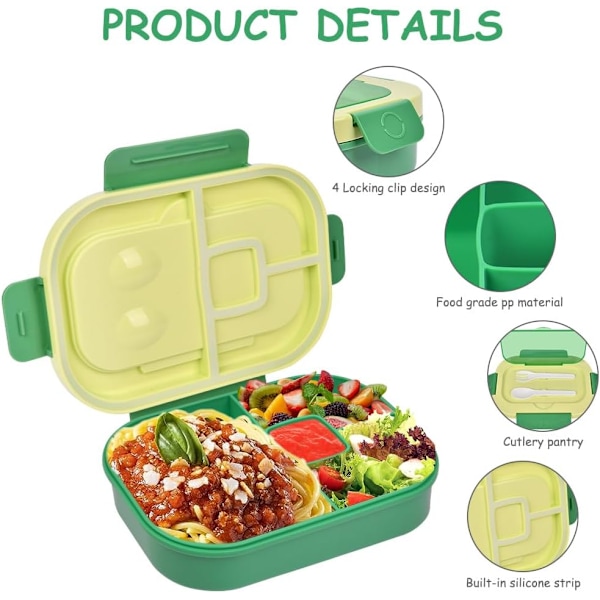 Bento Lunchlåda (1300 ml) - Läckagesäker låda med 4 fack, sked och gaffel (grön)