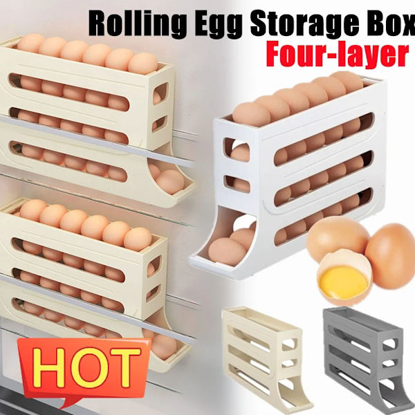4-lags eggestativ for kjøleskap Eggdispenser Automatisk rullende eggbrett Oppbevaring 30 eggbeholder Grå