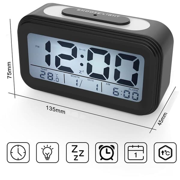 Elektronisk klocka med LED-display, med alarm, mörksensor, svart