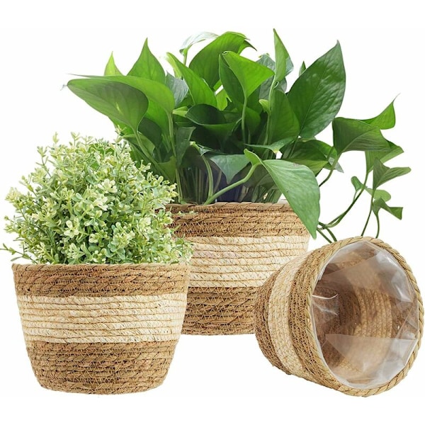3 st Sjögräskruka, 3 Storlekar Vävd Blomkruka Överdrag Förvaringskorg Växtbehållare för Heminredning (Beige)