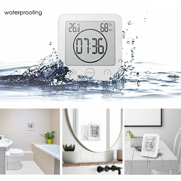 Dusjklokke for bad, LCD digital alarm, termometer hygrometer, nedtellingstimer (hvit)