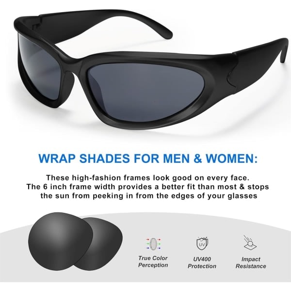 Wrap Around Modebriller til Mænd og Kvinder - Trendy Swift Oval Mørke Futuristiske Solbriller