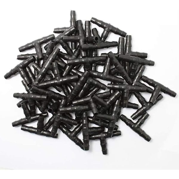 100 stk. drypvandingsforbindelser med modhager, 4/7 mm universal T-stykke med modhager, egnet til 4/7 mm drypvandingsslange til havevandingssystem