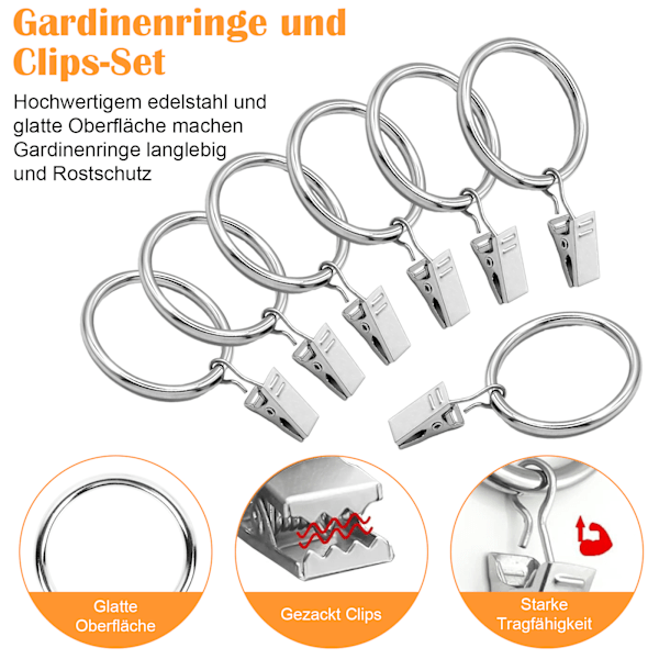 30 stk. Gardinringer i rustfritt stål med klips - 32 mm for dusj og vindu