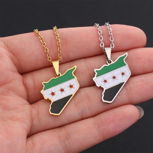 Rustfritt stål Syria Kart Flagg Hänge Halsband Mode Syria - Silver