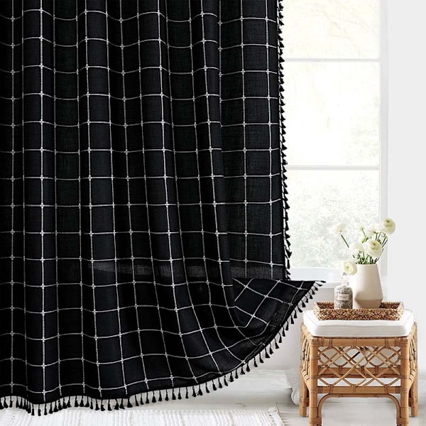 Suihkuverho jacquard-pellava vedenpitävä ja homeenkestävä suihkuverho kylpyhuoneen verho pieni ruudukko musta 180*200 (12 koukkua mukana) Small plaid black 180*200