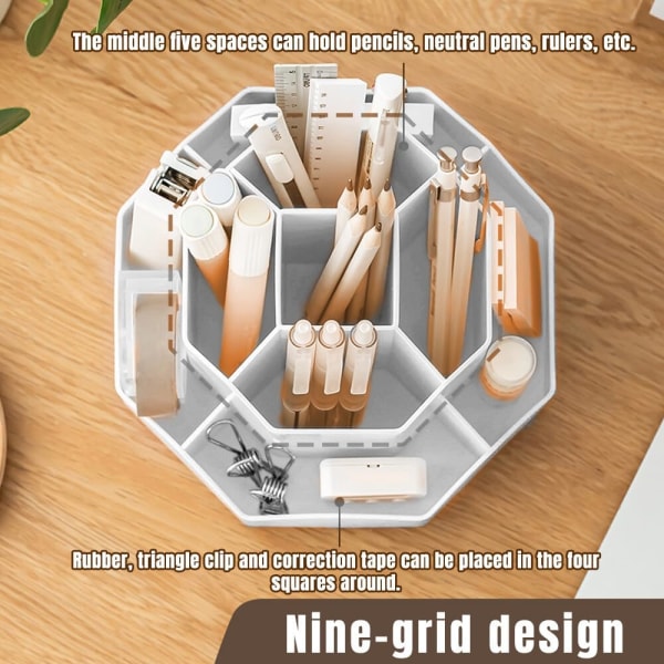 Roterende penneholder, stationær arrangør, penneholder til skrivebord 9 rum, opgraderet stor kapacitet 360° roterbar, rummer kuglepenne (grå)