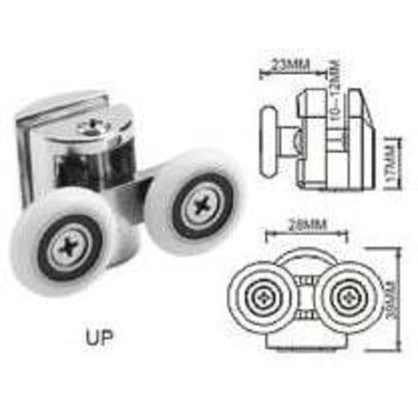 Sett med 4 doble ruller - for skyvedusjdør, 2 hjul 23 mm diameter sinklegering baderom..