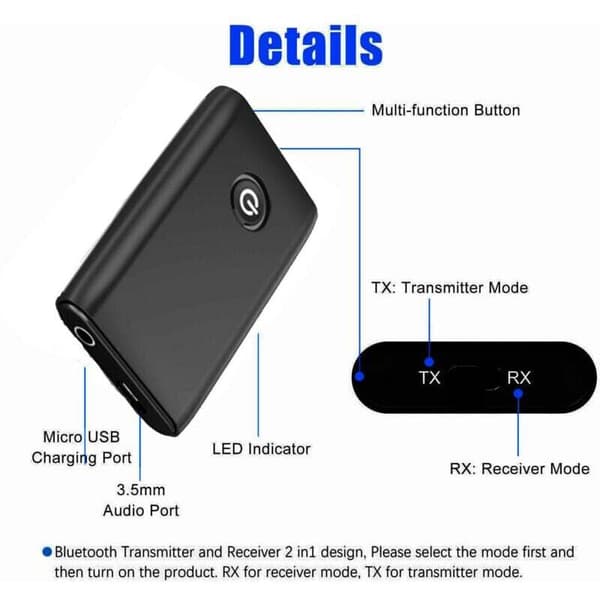 Bluetooth 5.0 Sender, 2 i 1 Trådløs 3.5mm Adapter, Sender og Mottaker Adapter, Bluetooth 2 i 1 Adapter, 3.5mm Jack APTX og USB,