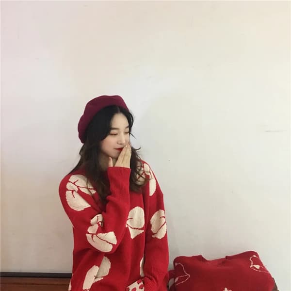 Dame Jule-snefnugsweater blød strik i kashmir-stil, sød oversized pullover til vinterferie og afslappet brug, rød red Snowflake