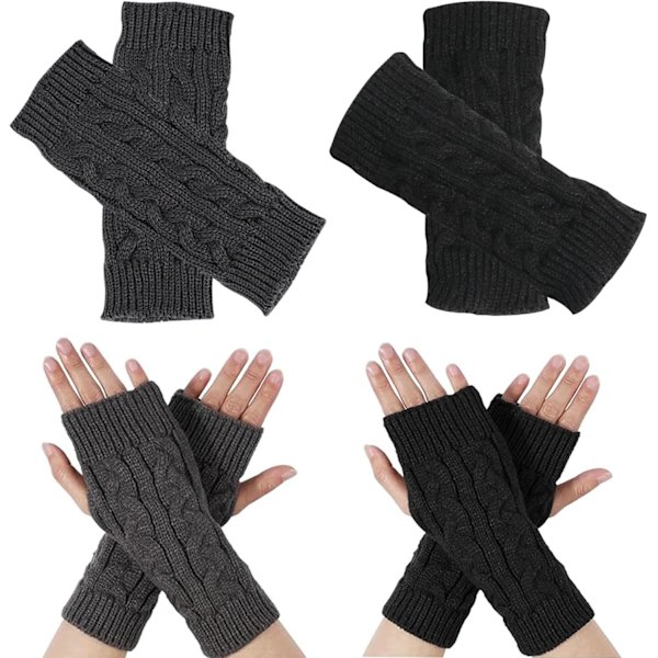 2 Par Halvfingrede Vantar, Vinterstrikkede Vantar til Mænd og Kvinder black + dark grey