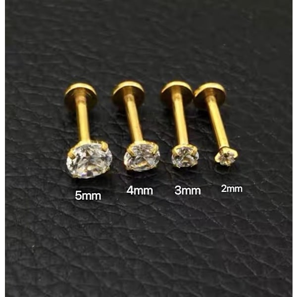 3 stk. gullbelagt Labret med stein (3mm 4mm 5mm) Length:8mm