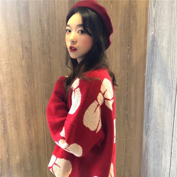 Dame Jule-snefnugsweater blød strik i kashmir-stil, sød oversized pullover til vinterferie og afslappet brug, rød red Snowflake
