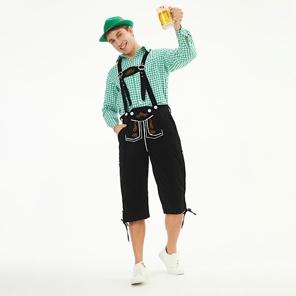 München Oktoberfest Kläder Herrarnas Rutig Skjorta Overaller Dräkt Scenframträdande Kläder Black pants+green top(without hat) M