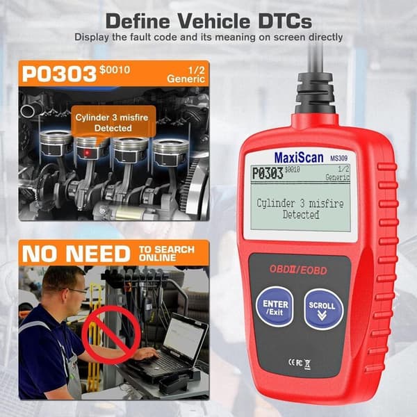 1 x MS309 CAN OBDII Scanner OBD2 Diagnostisk Værktøj – Scan Værktøj til Check Engine Light (Rød)