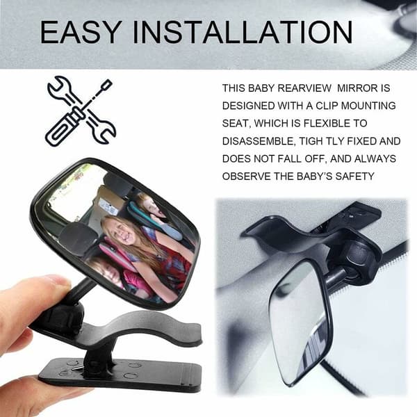 Babybilspeil med 360° rotasjonssikkerhetsklips for baksetemonitor