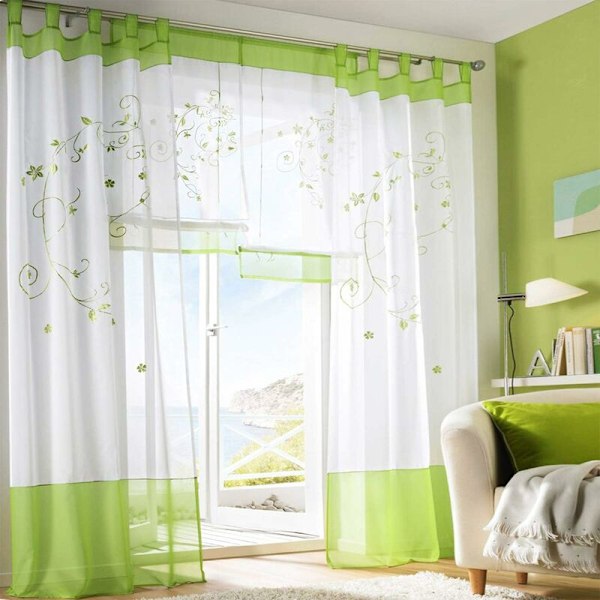 Blommiga Skira Gardiner Voile Broderi Hällor Fönsterpaneler för Sovrum Vardagsrum Dekoration 2 Paneler, Grön, B140cm x H225cm