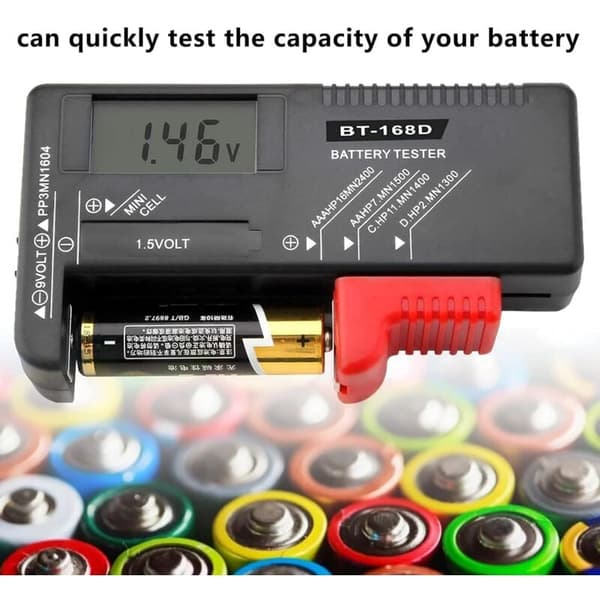 Digital batteritester, universal batteritester, batteritester, til AA, AAA, C, D, PP3, 9V, 1,5V, knapcellebatterier - virker uden batteri