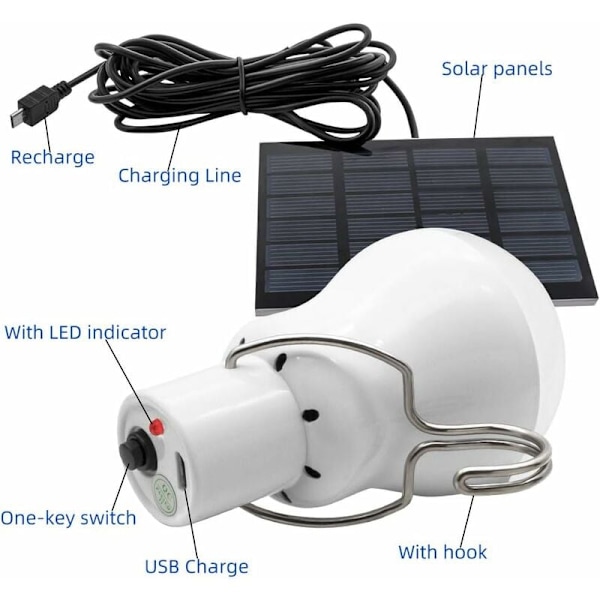 Bärbar Solcellslampa LED-lampa Solcellsdriven med Solpanel för Trädgård, Uteplats, Inomhus, Utomhus, Vandring, Camping, Tält, Fiskebelysning
