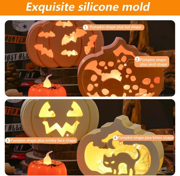 5-pak græskar silikone lysforme, Halloween-designs, genanvendelige fødevaregodkendte forme til gør-det-selv-lys, sæbe, harpiks og chokolade