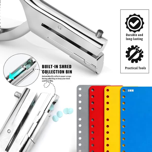 Kraftig enkelthuls papirperforator, 6 mm zinklegering perforator til op til 20 ark, kromfinish til kontor, skole og hobby, sølv