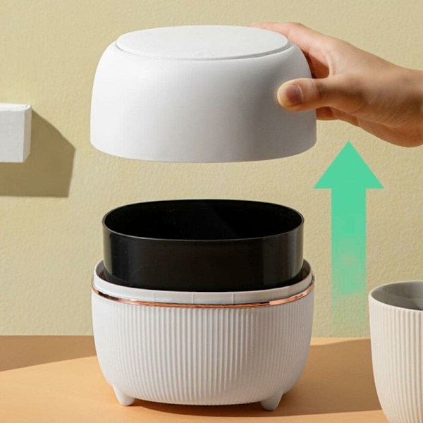 Mini Skrivbords Papperskorg, Kreativ Papperskorg i Plast med Knapplock för Hemmakontor, Studierum, Sovrum, Kök (Vit)