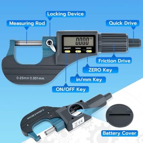LCD Digital Udvendig Mikrometer 0-25mm 0,001mm Opløsning