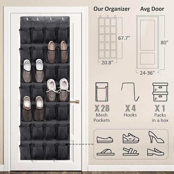 Skopose til vægmontering bag dør Skab Sko Hængende Stativ Organizer Pladsbesparende Diverseposer Varer black 28 grid