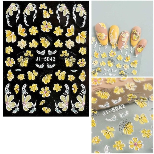 3D Självhäftande Nagelstickers med Vårblommor Stereoskopisk Färgglad Dekoration 4 Ark