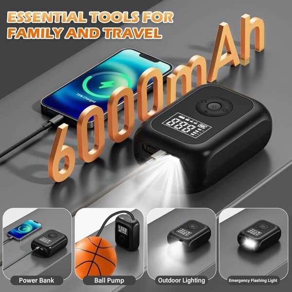 Bærbar elektrisk luftpumpe for bil dekk schrader 2000mah digital led 4 moduser
