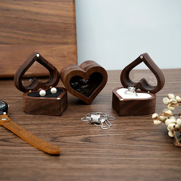 Bröllop Love Ring Box Valnöt Par Ring Förvaring Förpackning Presentkartong Hjärtformad trälåda Örhängen Örhängen Smyckeskrin Vit White