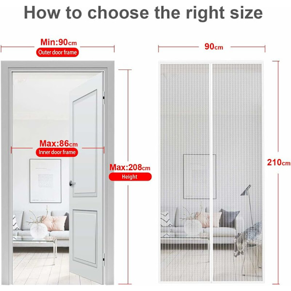 Magnetisk Dørskjerm 90x210cm Anti Fluegardin Selvklebende Stripe Automatisk Lukking Ultra Finmasket Verktøyfri Installasjon Enkelt for Barn og Kjæledyr, Hvit