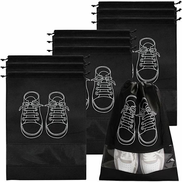 Reseskopåse, Vattentät Dammtät Fleece Skopåse Set med Klart Fönster och Dragsko (32x44cm) -10ST-Svart