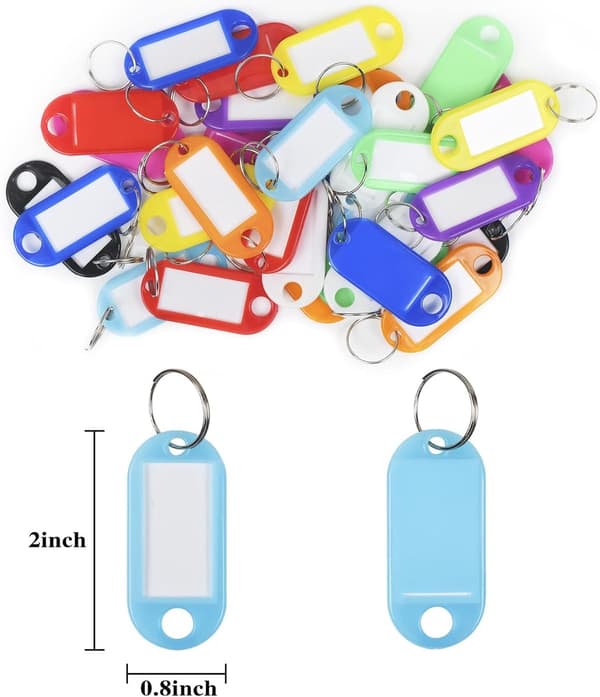 70 plastiknøglemærker - nøgleringe med etiketvindue, assorterede farver, skrivbare - til bagage, ID
