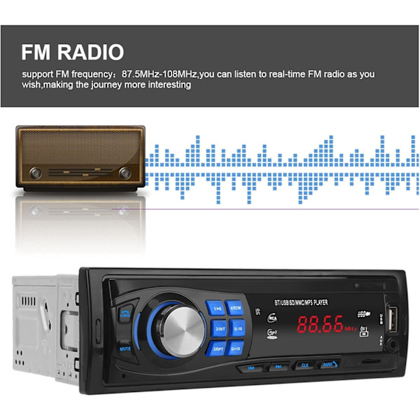 Auton 1 DIN -autoradion Bluetooth FM -stereoradio USB SD AUX -audiosoitin Auton elektroniikka Kojelaudan 12-napainen autoradion soitin