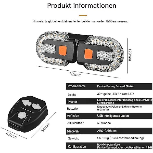 Sykkelblinklys med trådløs fjernkontroll, todelt baklys med indikator, USB-oppladbar