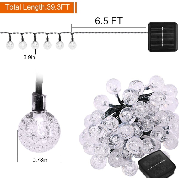 Solcellslampor för trädgård & utomhus, 12 m/100 LED-lampor, soldrivna vattentäta, dekorativa kristall-glödlampor (vit)