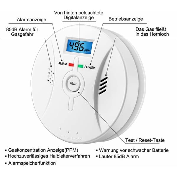 Kolmonoxidlarm med LCD-display CO-detektor Högt 85dB-larm Kolmonoxidsensor Batteridriven
