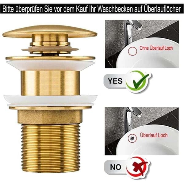 Moderne Click Clack Pop-Up Vaskavløp med Overløp, Messing Rustfritt Stål, Gullfinish - Universell Passform