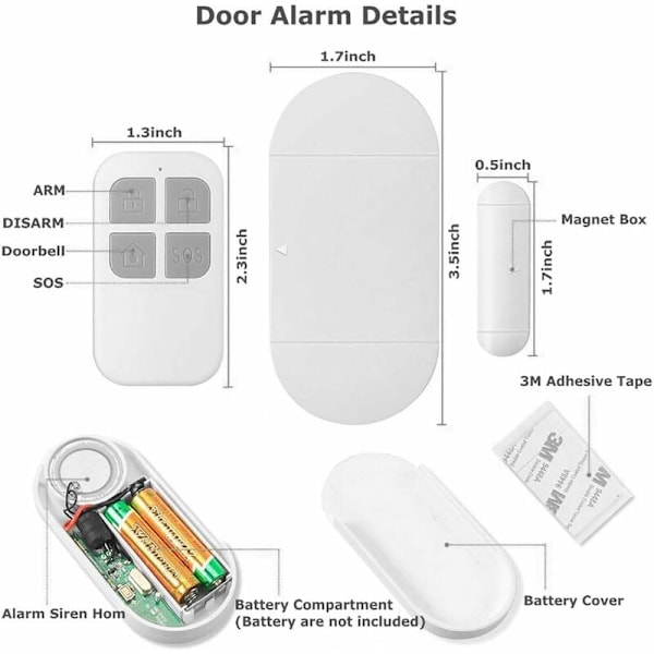 Dörr- och fönsterlarm, larm med 130dB siren, 2 fjärrkontroller, enkel att installera, trådlöst hemlarm