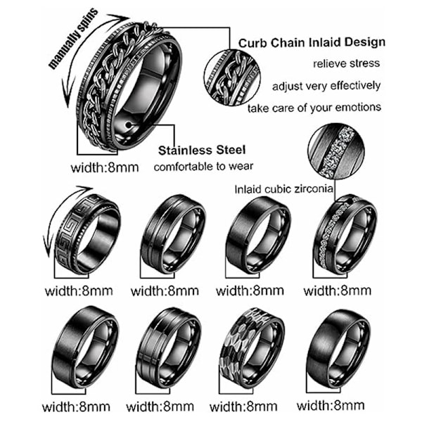 9-delt sæt 8mm titanium stål mænds og kvinders kæde ring enkel børstet bryllup forlovelsesring sæt sort 9-delt sæt 10 No. 10