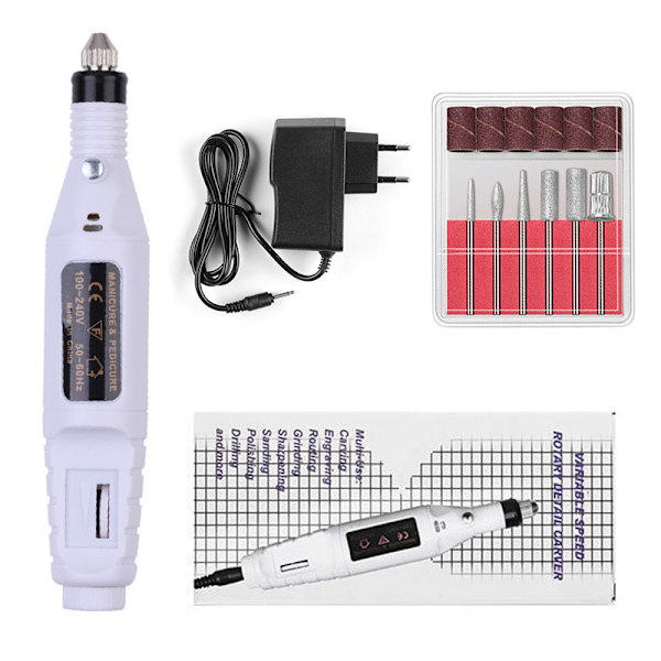 Bærbar elektrisk neglepoleringsmaskine til eksfoliering og polering - Neglepoleringspen - Testpoleringsmaskine (Carton) -White European plug