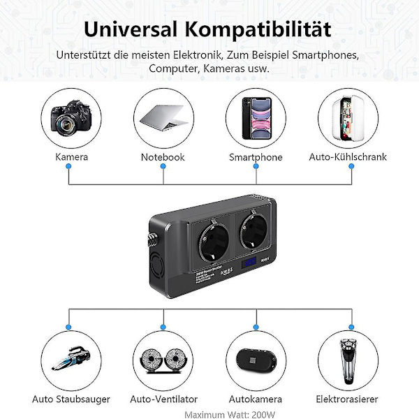 200w auton invertteri, jännitteenmuunnin 12v - 220v älykkäällä ajannäytöllä LCD, 2 pistorasiaa ja 4 USB c