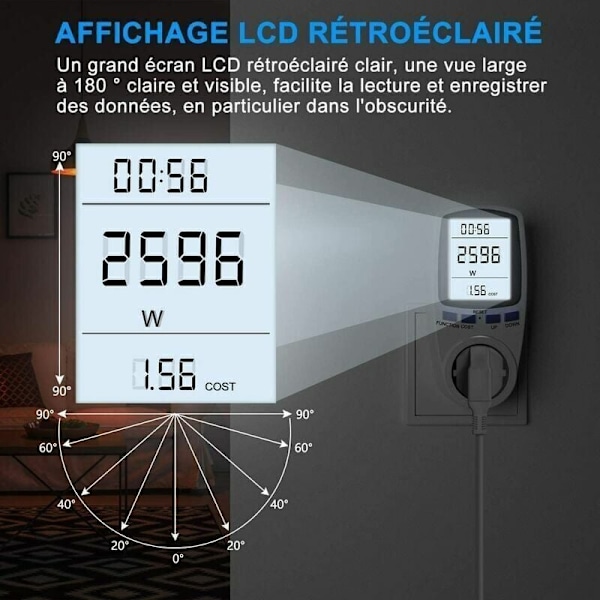 Wattmeter Stikdåse - Energimåler A185V 264V - LCD Display