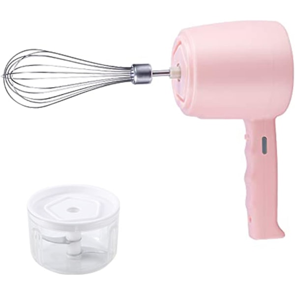 Ny 2 i 1 mini elvisp, med vitlökshackare, USB uppladdningsbar löstagbar handhållen äggvisp, bra hjälpreda i köket för att göra kakor (rosa)