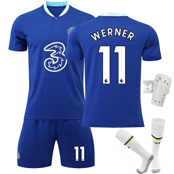 22-23 Chelsea hjemmebanetrøje nr. 10 Pulisic trøje 9 Lukaku 19 Mount Werner fodboldtrøje nr. 11 med sokker + beskyttelsesudstyr #22 No. 11 with socks + protective gear #22