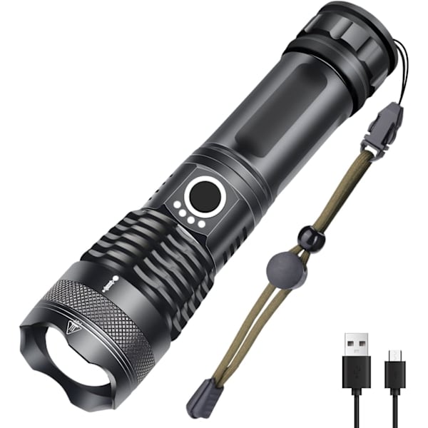 Superkraftfull USB-laddningsbar LED-ficklampa, 5 lägen vattentät IP65, lämplig för camping och vandring (batterier ingår ej)