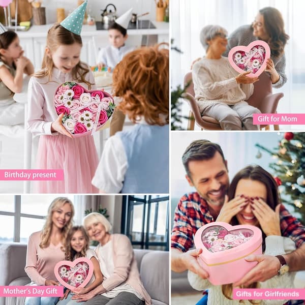 Såperoser i hjerteformet gaveeske, håndlagde konserverede roser til Valentinsdag, bursdag, morsdag, rosa