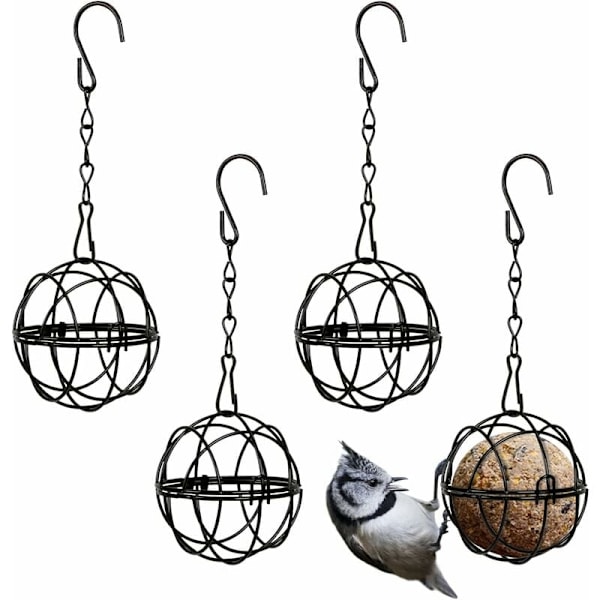 4 stk. Hængende Fuglefoderautomater Metal Fuglefedtkugleholder Indendørs Udendørs Sort 7 cm Diameter Foderdispenser med 4 S-formede Kroge