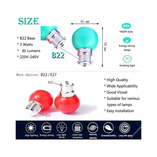 B22 färgade LED-lampor 3W AC 220V-240V B22 Bajonettlampa Garland färgade LED-lampor Flerfärgad - 40 st.